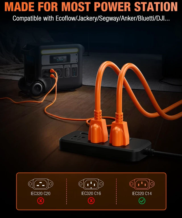 Alt view image 6 of 7 - Heavy-Duty Power Station Charging Cable, 14AWG Fast Charger Cable for Jackery Explorer 2000/1500/1000 Pro,Ecoflow Delta/River Series,Bluetti EB3A;Anker 757/767, 125V 15A AC Power Cord Orange(16FT)