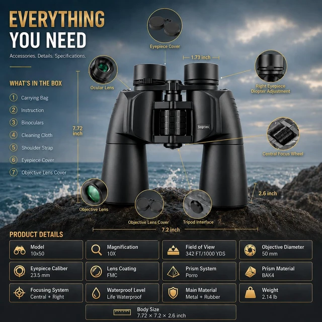 Alt view image 7 of 7 - 10x50 Binoculars for Adults High Powered Astronomy Binoculars Stargazing Nitrogen-Filled IPX7 Waterproof Bird Watching Star gazing Long Distance Hunting Cruise Ship Travel Binoculars 10x50 FMC BAK4