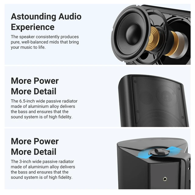 Alt view image 7 of 7 - 6.5 Inch Outdoor Speakers Waterproof Wired 400W Wall Mount Speakers Passive, Suitable use for Indoor, Patio,Covered Deck,Porch,Pool Side (Black)