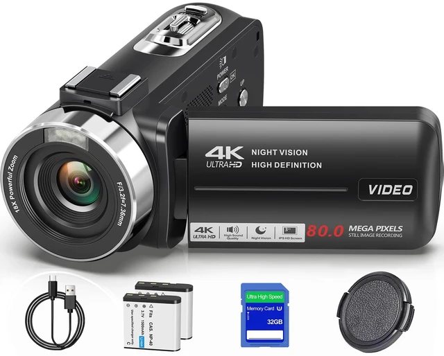 Main image of 4K 80MP Camcorder Video Camera 18X Zoom Vlogging Camera for YouTube Webcam Autofocus, IR Night Vision, 3.0" 270° Rotatable IPS Screen; Video Recorder with 32GB SD Card, Lens Cap & 2 Batteries