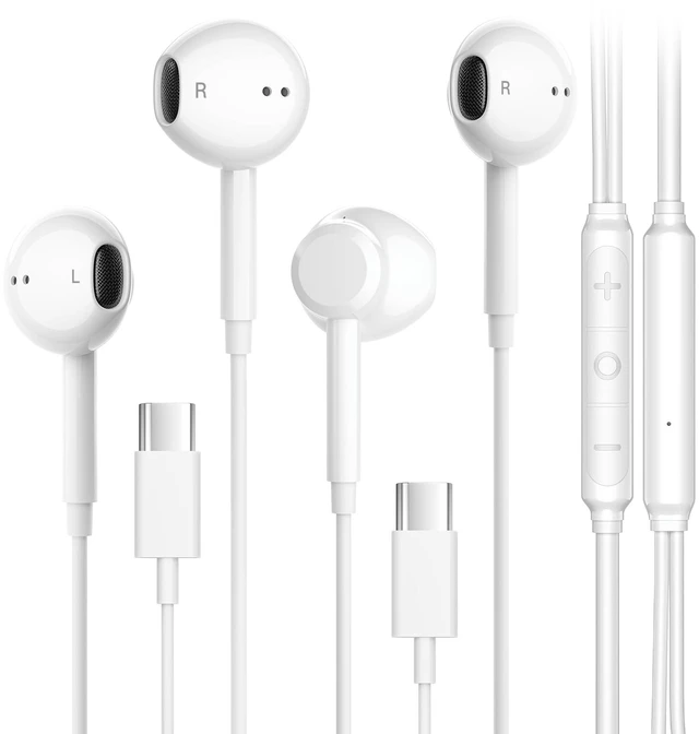 Main image of USB C Headphones Wired for iPhone 18/17/16/15 Pro Max Plus, Type C Earphones for MacBook iPad Pro Air Mini, Earbuds for Samsung, Google Pixel, Control Microphone, Volume, Music (White, 2Pack)