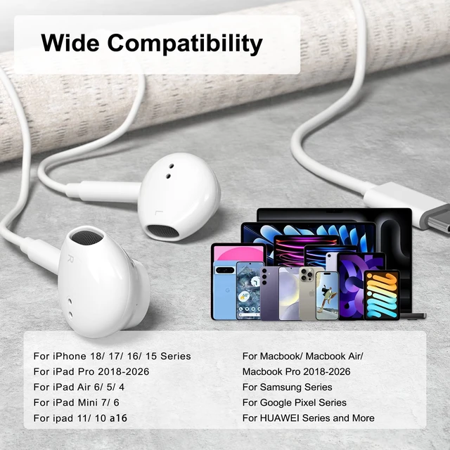 Alt view image 3 of 7 - USB C Headphones Wired for iPhone 18/17/16/15 Pro Max Plus, Type C Earphones for MacBook iPad Pro Air Mini, Earbuds for Samsung, Google Pixel, Control Microphone, Volume, Music (White, 2Pack)