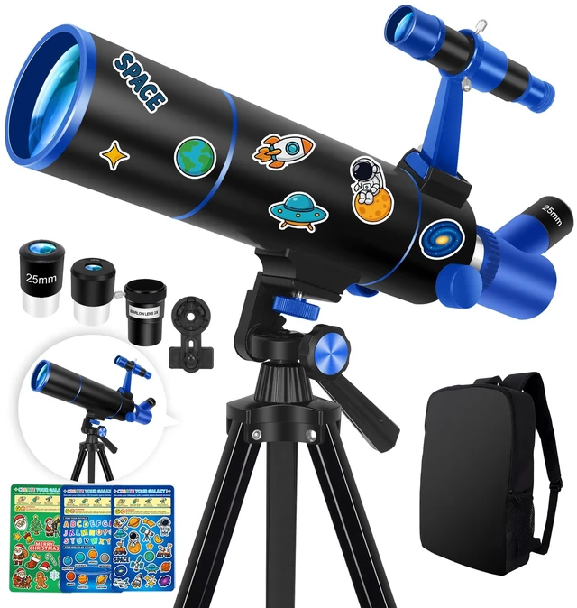 Main image of Portable Telescope for Kids & Beginners 80mm Aperture 500mm Telescopes for Adults Astronomy, Portable Refractor Telescope with Decorate Stickers, Backpack, Phone Adapter-BlackBlue