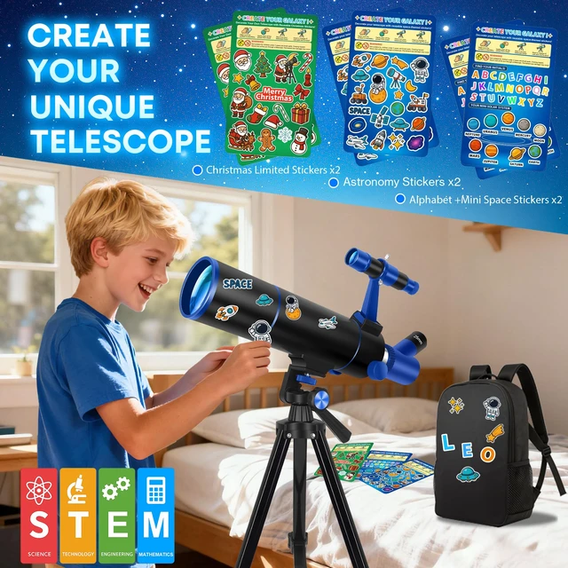 Alt view image 2 of 7 - Portable Telescope for Kids & Beginners 80mm Aperture 500mm Telescopes for Adults Astronomy, Portable Refractor Telescope with Decorate Stickers, Backpack, Phone Adapter-BlackBlue