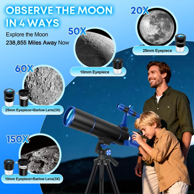 Alt view image 4 of 7 - Portable Telescope for Kids & Beginners 80mm Aperture 500mm Telescopes for Adults Astronomy, Portable Refractor Telescope with Decorate Stickers, Backpack, Phone Adapter-BlackBlue