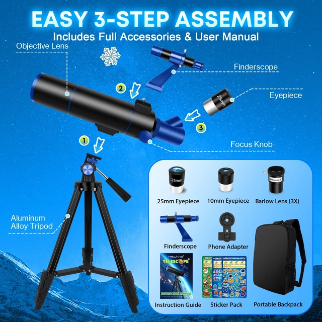 Alt view image 5 of 7 - Portable Telescope for Kids & Beginners 80mm Aperture 500mm Telescopes for Adults Astronomy, Portable Refractor Telescope with Decorate Stickers, Backpack, Phone Adapter-BlackBlue