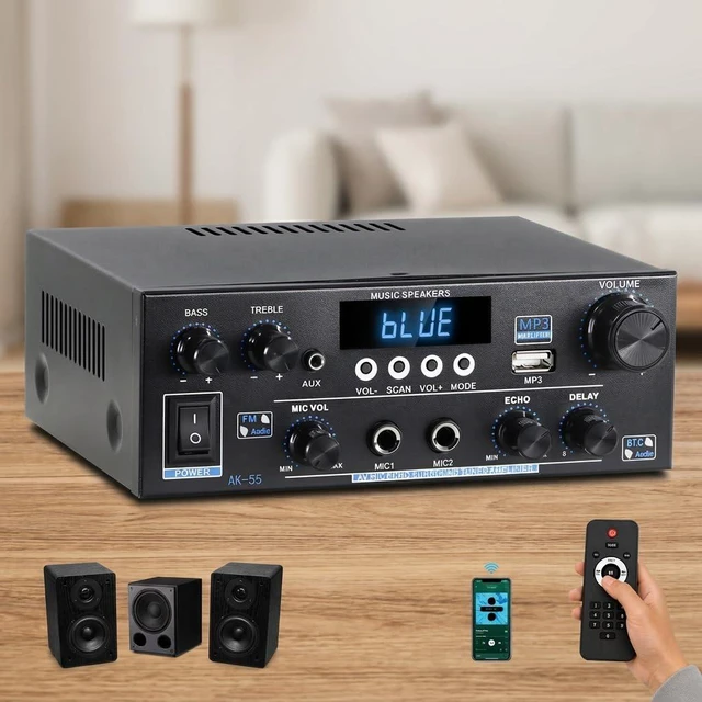 Main image of AK55 Stereo Audio Amplifier for Speakers with Bluetooth 5.0 & 50W+50W TPA3116D2 Chip, FM, EQ, USB, SD, MIC, Optical, Echo, AUX, Coaxial Input, Active Subwoofer Output, for Home Theater & Karaoke