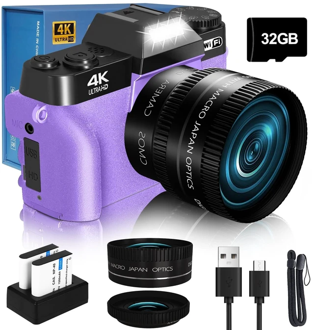 Main image of 2026 Upgrade Digital Camera for Photography Vlogging Camera for YouTube with WiFi, 180° Flip Screen, 16X Digital Zoom, 52mm Lens, 2 Batteries, 32GB Micro SD Card(Purple)