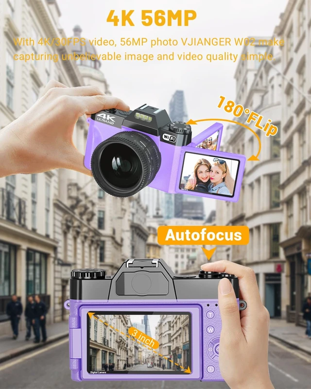 Alt view image 3 of 7 - 2026 Upgrade Digital Camera for Photography Vlogging Camera for YouTube with WiFi, 180° Flip Screen, 16X Digital Zoom, 52mm Lens, 2 Batteries, 32GB Micro SD Card(Purple)