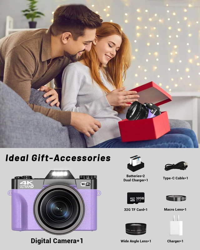 Alt view image 2 of 7 - 2026 Upgrade Digital Camera for Photography Vlogging Camera for YouTube with WiFi, 180° Flip Screen, 16X Digital Zoom, 52mm Lens, 2 Batteries, 32GB Micro SD Card(Purple)