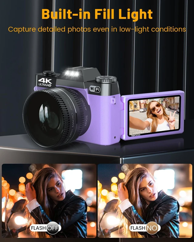 Alt view image 6 of 7 - 2026 Upgrade Digital Camera for Photography Vlogging Camera for YouTube with WiFi, 180° Flip Screen, 16X Digital Zoom, 52mm Lens, 2 Batteries, 32GB Micro SD Card(Purple)