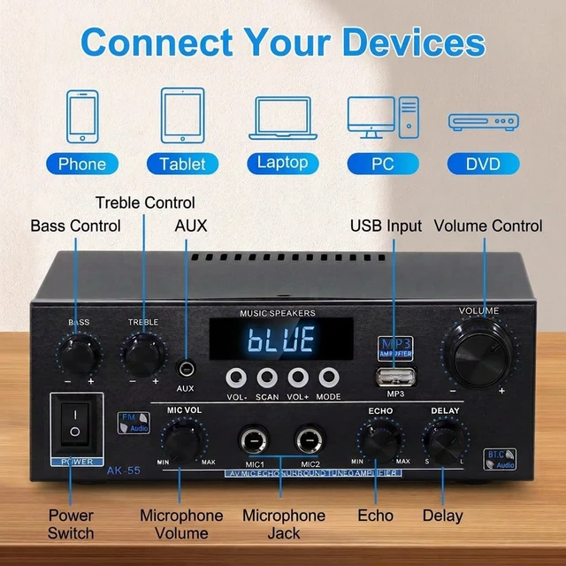 Alt view image 2 of 7 - AK55 Stereo Audio Amplifier for Speakers with Bluetooth 5.0 & 50W+50W TPA3116D2 Chip, FM, EQ, USB, SD, MIC, Optical, Echo, AUX, Coaxial Input, Active Subwoofer Output, for Home Theater & Karaoke