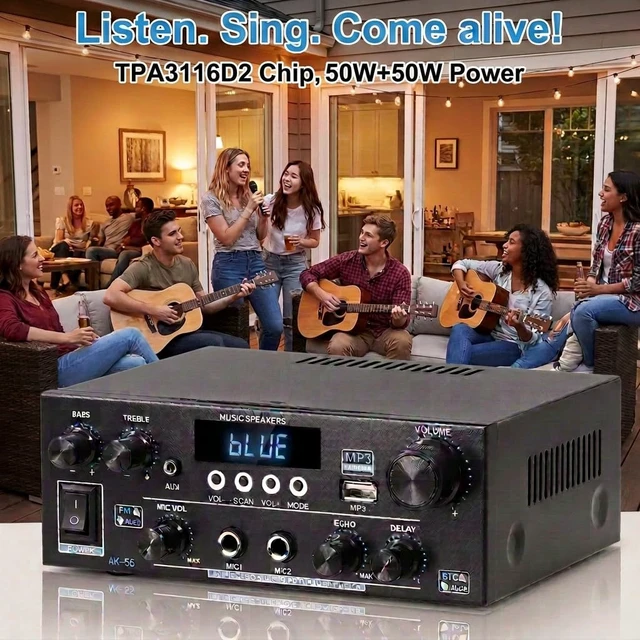 Alt view image 4 of 7 - AK55 Stereo Audio Amplifier for Speakers with Bluetooth 5.0 & 50W+50W TPA3116D2 Chip, FM, EQ, USB, SD, MIC, Optical, Echo, AUX, Coaxial Input, Active Subwoofer Output, for Home Theater & Karaoke