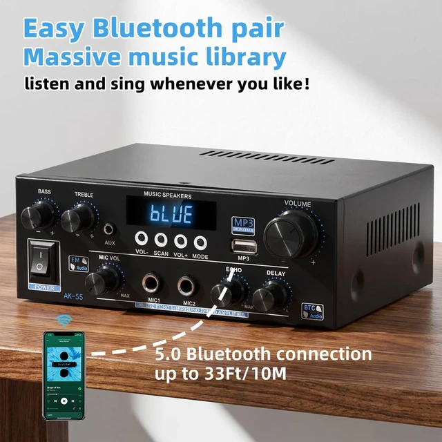 Alt view image 5 of 7 - AK55 Stereo Audio Amplifier for Speakers with Bluetooth 5.0 & 50W+50W TPA3116D2 Chip, FM, EQ, USB, SD, MIC, Optical, Echo, AUX, Coaxial Input, Active Subwoofer Output, for Home Theater & Karaoke