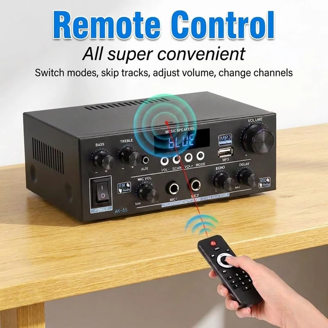 Alt view image 6 of 7 - AK55 Stereo Audio Amplifier for Speakers with Bluetooth 5.0 & 50W+50W TPA3116D2 Chip, FM, EQ, USB, SD, MIC, Optical, Echo, AUX, Coaxial Input, Active Subwoofer Output, for Home Theater & Karaoke