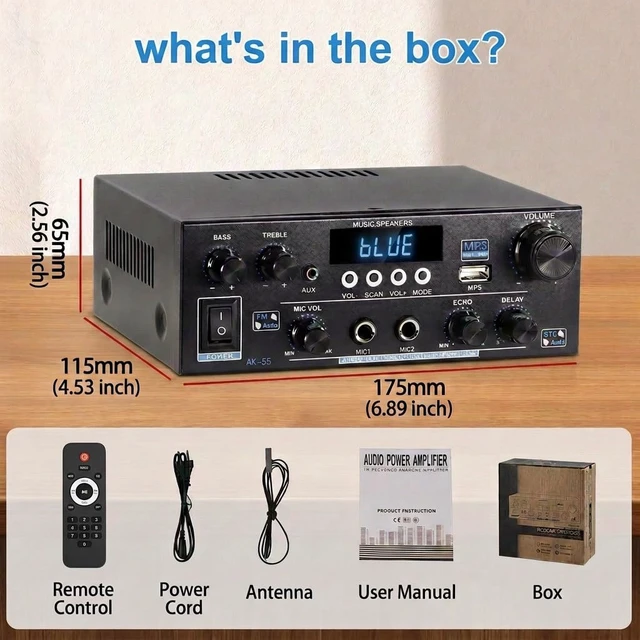 Alt view image 7 of 7 - AK55 Stereo Audio Amplifier for Speakers with Bluetooth 5.0 & 50W+50W TPA3116D2 Chip, FM, EQ, USB, SD, MIC, Optical, Echo, AUX, Coaxial Input, Active Subwoofer Output, for Home Theater & Karaoke