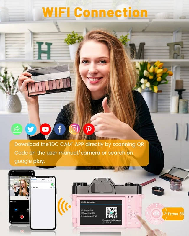 Alt view image 5 of 7 - 4K Digital Camera, Vlogging Camera with WiFi & Flip Screen 16X zoom, 52mm lens, flip screen for YouTube, travel and beginners, includes 32GB SD card