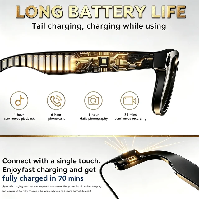 Alt view image 5 of 7 - AI Smart Glasses with Camera, 8MP HD Bluetooth Camera Glasses for Women&Men Real Time Translation, AI Voice Assistant, Open Earbuds, Travel, Work, Vlog