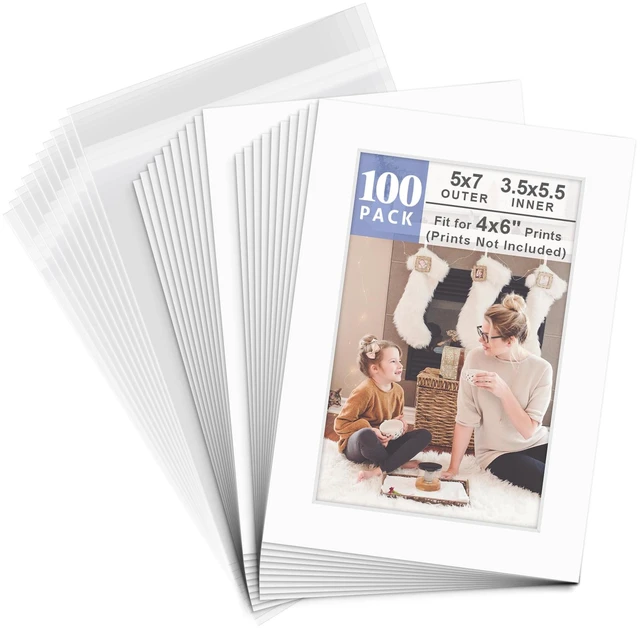 Main image of Pack of 100 5x7 WHITE Picture Mats Mattes with White Core Bevel Cut for 4x6 Photo + Back + Bags