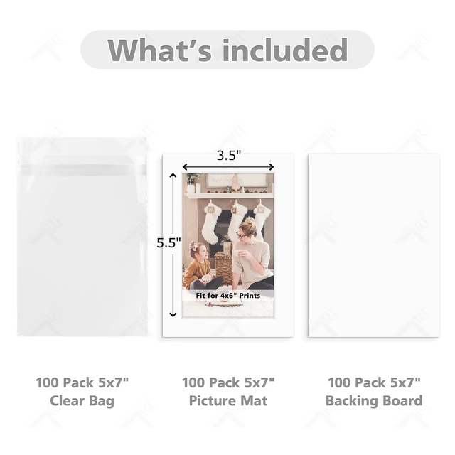 Alt view image 2 of 7 - Pack of 100 5x7 WHITE Picture Mats Mattes with White Core Bevel Cut for 4x6 Photo + Back + Bags