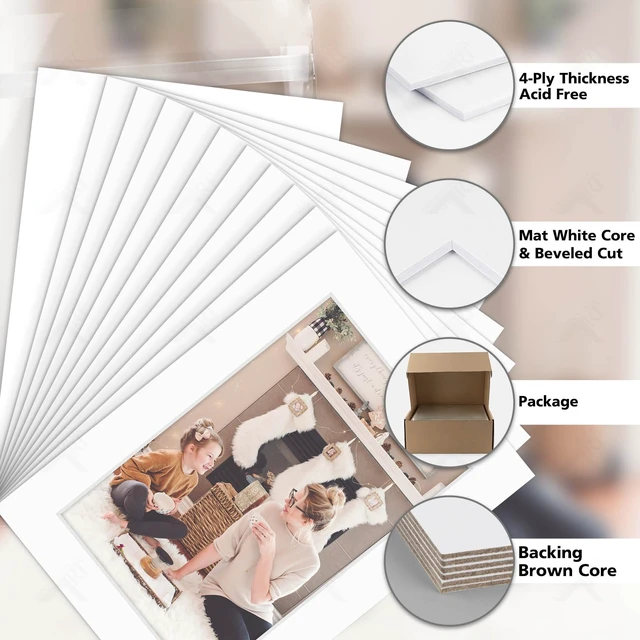Alt view image 3 of 7 - Pack of 100 5x7 WHITE Picture Mats Mattes with White Core Bevel Cut for 4x6 Photo + Back + Bags