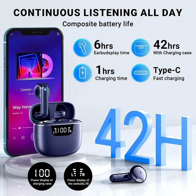 Alt view image 3 of 7 - Wireless Earbuds, Bluetooth 5.4 Headphones with 42H Ultralight Ear Buds, Bluetooth Earbuds with 4 ENC Noise Cancelling Mics, HiFi Deep Bass Dual USB-C LED Display,Blue IPX6 Waterproof Earphones