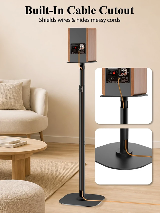 Alt view image 6 of 7 - Universal Speaker Stands Pair, Height Adjustable 35"-49" Floor Speaker Stands for Bookshelf, Satellite & Surround Sound Speakers, 15 lbs Capacity, Dual Cable Management,Black