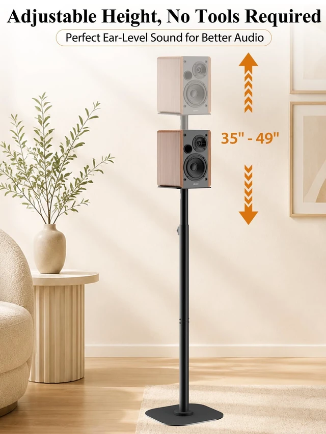 Alt view image 7 of 7 - Universal Speaker Stands Pair, Height Adjustable 35"-49" Floor Speaker Stands for Bookshelf, Satellite & Surround Sound Speakers, 15 lbs Capacity, Dual Cable Management,Black