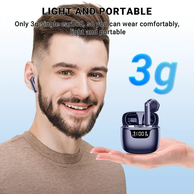 Alt view image 7 of 7 - Wireless Earbuds, Bluetooth 5.4 Headphones with 42H Ultralight Ear Buds, Bluetooth Earbuds with 4 ENC Noise Cancelling Mics, HiFi Deep Bass Dual USB-C LED Display,Blue IPX6 Waterproof Earphones