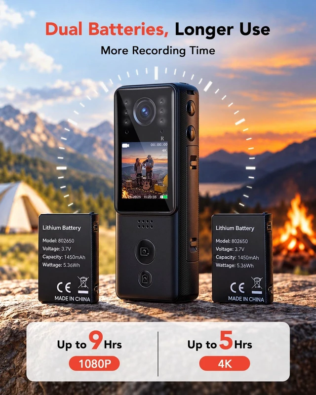 Alt view image 3 of 7 - 4K Mini Body Camera, 64GB Dual Battery with Night Vision, 9H Battery charging dock, bike mount and lightweight wearable design for vlogging, cycling, security, hiking and daily use, A29