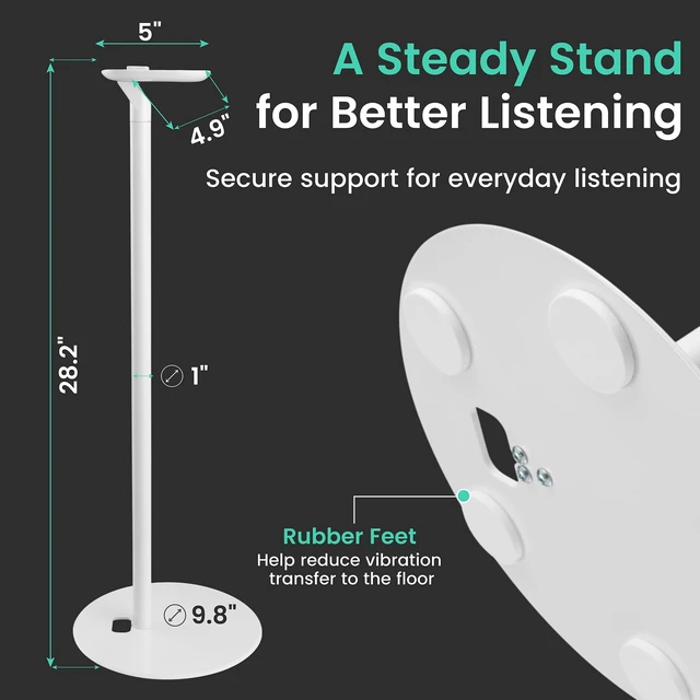 Alt view image 3 of 7 - Speaker Stands for Sonos One/One SL & Play:1, White, 2 Pack 28.2" Fixed height Speaker Stands Pair, Metal Construction, Stable Base, Rubber Feet, Built in Cable Management