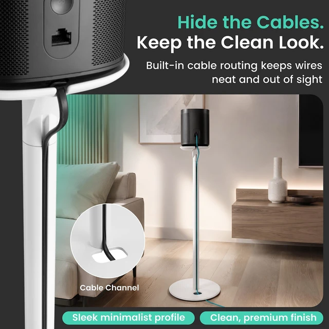 Alt view image 5 of 7 - Speaker Stands for Sonos One/One SL & Play:1, White, 2 Pack 28.2" Fixed height Speaker Stands Pair, Metal Construction, Stable Base, Rubber Feet, Built in Cable Management