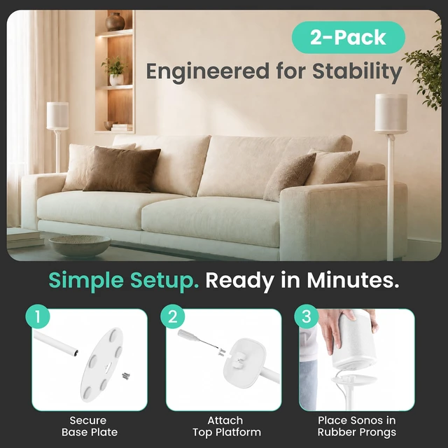 Alt view image 6 of 7 - Speaker Stands for Sonos One/One SL & Play:1, White, 2 Pack 28.2" Fixed height Speaker Stands Pair, Metal Construction, Stable Base, Rubber Feet, Built in Cable Management