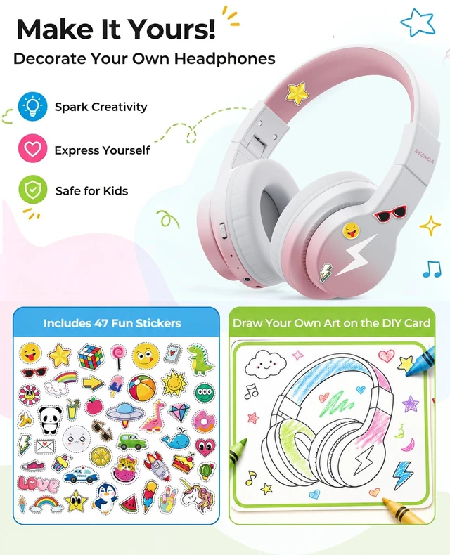 Alt view image 2 of 7 - JCH-01 Kids Bluetooth Headphones, 85/94dB, 3 Light Modes,Pink&White 75H playtime, soft padded fit, mic & AUX cord, stickers & doodle fun kids love; Wireess Headphones for school, travel, iPad