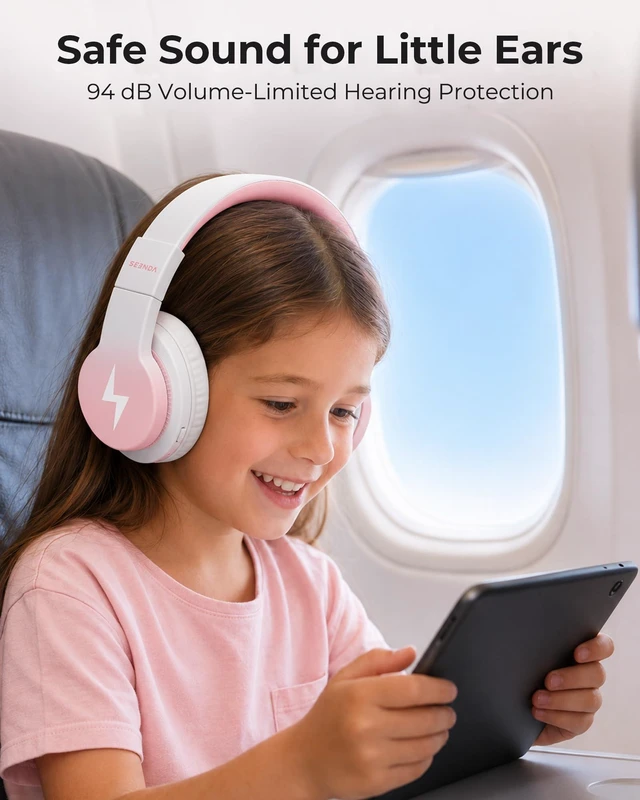 Alt view image 3 of 7 - JCH-01 Kids Bluetooth Headphones, 85/94dB, 3 Light Modes,Pink&White 75H playtime, soft padded fit, mic & AUX cord, stickers & doodle fun kids love; Wireess Headphones for school, travel, iPad
