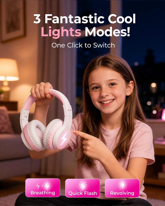 Alt view image 5 of 7 - JCH-01 Kids Bluetooth Headphones, 85/94dB, 3 Light Modes,Pink&White 75H playtime, soft padded fit, mic & AUX cord, stickers & doodle fun kids love; Wireess Headphones for school, travel, iPad