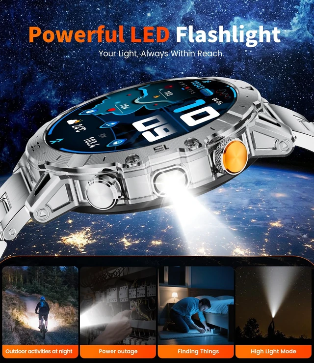 Alt view image 2 of 7 - Military Smart Watch for Men,60 Days Ultra Long Battery&LED Flashlight,1.7Large Screen,IP68 Waterproof Smartwatch, Bluetooth Call,Heart Rate/Sleep Monitor,Fitness Tracker for iOS Android,Sliver
