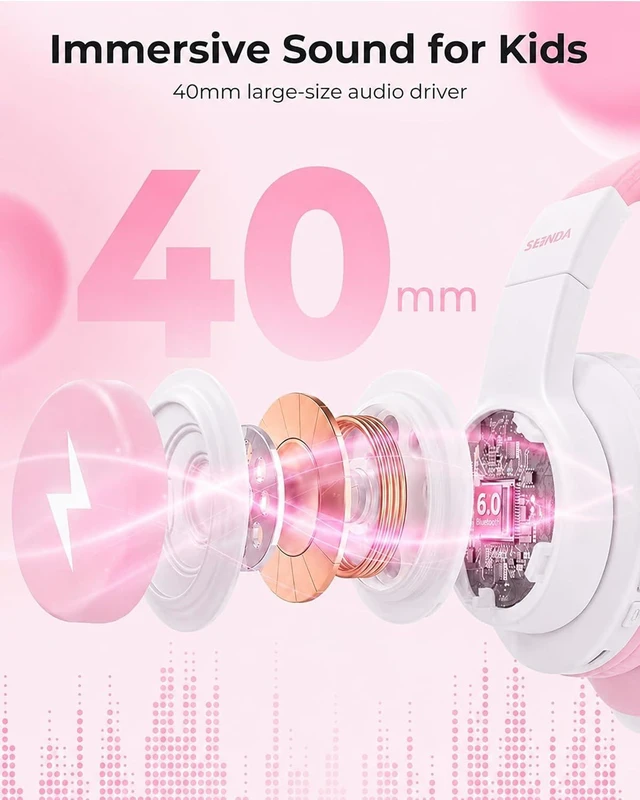 Alt view image 6 of 7 - JCH-01 Kids Bluetooth Headphones, 85/94dB, 3 Light Modes,Pink&White 75H playtime, soft padded fit, mic & AUX cord, stickers & doodle fun kids love; Wireess Headphones for school, travel, iPad