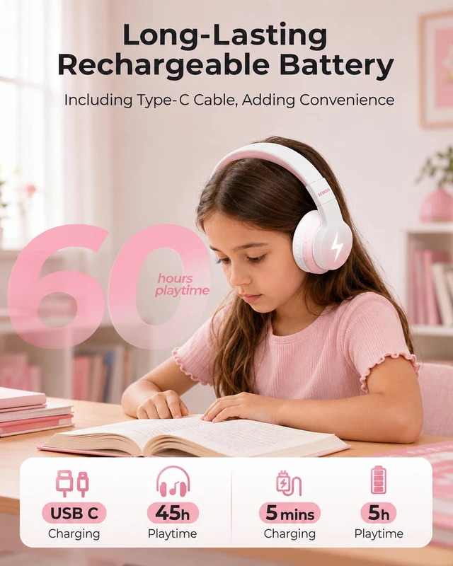 Alt view image 7 of 7 - JCH-01 Kids Bluetooth Headphones, 85/94dB, 3 Light Modes,Pink&White 75H playtime, soft padded fit, mic & AUX cord, stickers & doodle fun kids love; Wireess Headphones for school, travel, iPad