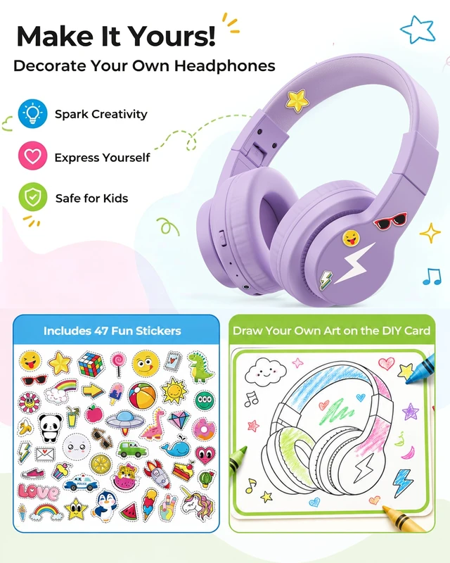 Alt view image 2 of 7 - JCH-01 Kids Bluetooth Headphones, 85/94dB, 3 Light Modes,Purple 75H playtime, soft padded fit, mic & AUX cord, stickers & doodle fun kids love; Wireess Headphones for school, travel, iPad