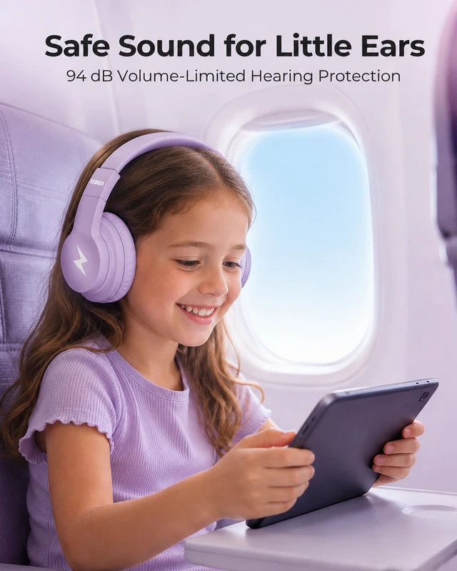 Alt view image 3 of 7 - JCH-01 Kids Bluetooth Headphones, 85/94dB, 3 Light Modes,Purple 75H playtime, soft padded fit, mic & AUX cord, stickers & doodle fun kids love; Wireess Headphones for school, travel, iPad
