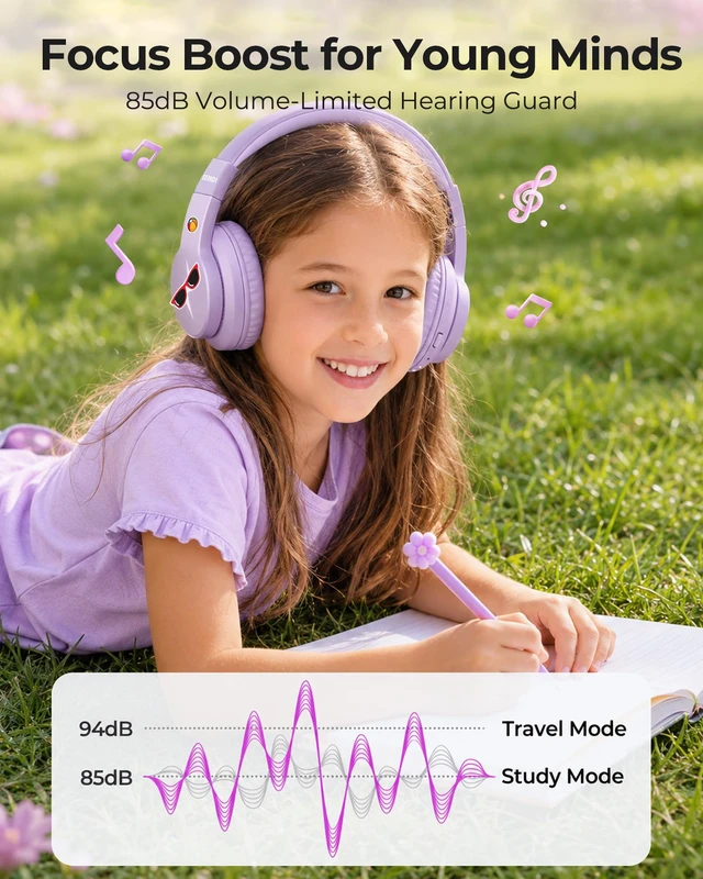 Alt view image 4 of 7 - JCH-01 Kids Bluetooth Headphones, 85/94dB, 3 Light Modes,Purple 75H playtime, soft padded fit, mic & AUX cord, stickers & doodle fun kids love; Wireess Headphones for school, travel, iPad