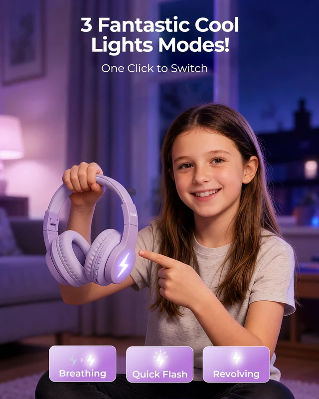 Alt view image 5 of 7 - JCH-01 Kids Bluetooth Headphones, 85/94dB, 3 Light Modes,Purple 75H playtime, soft padded fit, mic & AUX cord, stickers & doodle fun kids love; Wireess Headphones for school, travel, iPad
