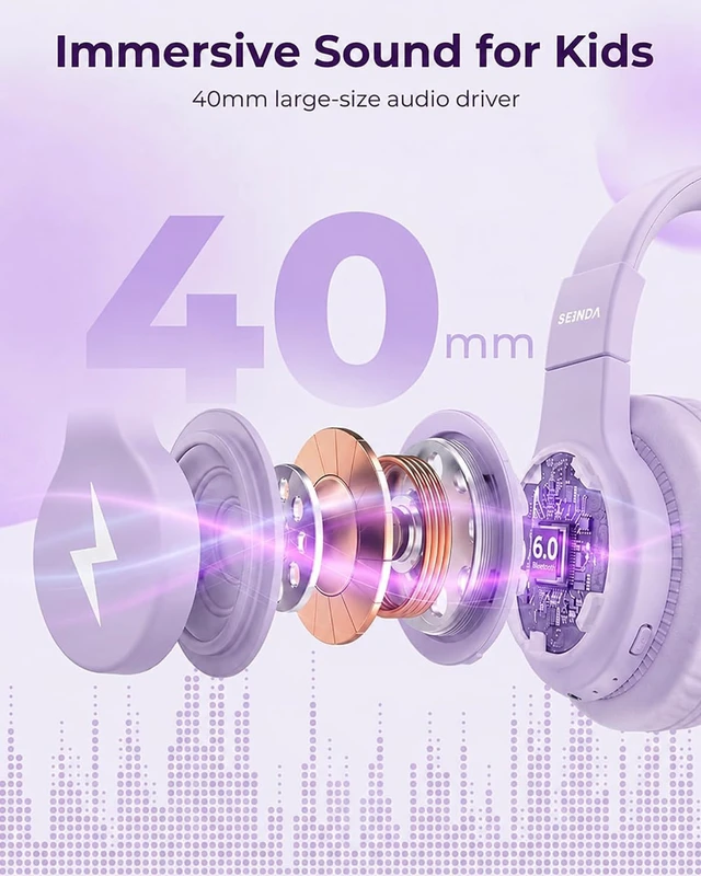 Alt view image 6 of 7 - JCH-01 Kids Bluetooth Headphones, 85/94dB, 3 Light Modes,Purple 75H playtime, soft padded fit, mic & AUX cord, stickers & doodle fun kids love; Wireess Headphones for school, travel, iPad