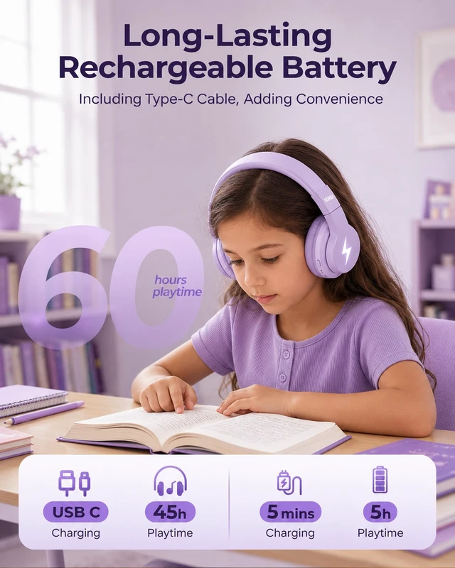 Alt view image 7 of 7 - JCH-01 Kids Bluetooth Headphones, 85/94dB, 3 Light Modes,Purple 75H playtime, soft padded fit, mic & AUX cord, stickers & doodle fun kids love; Wireess Headphones for school, travel, iPad