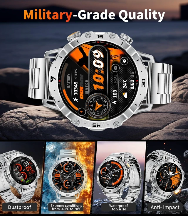 Alt view image 5 of 7 - Military Smart Watch for Men,60 Days Ultra Long Battery&LED Flashlight,1.7Large Screen,IP68 Waterproof Smartwatch, Bluetooth Call,Heart Rate/Sleep Monitor,Fitness Tracker for iOS Android,Sliver