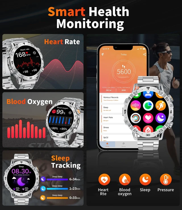 Alt view image 7 of 7 - Military Smart Watch for Men,60 Days Ultra Long Battery&LED Flashlight,1.7Large Screen,IP68 Waterproof Smartwatch, Bluetooth Call,Heart Rate/Sleep Monitor,Fitness Tracker for iOS Android,Sliver
