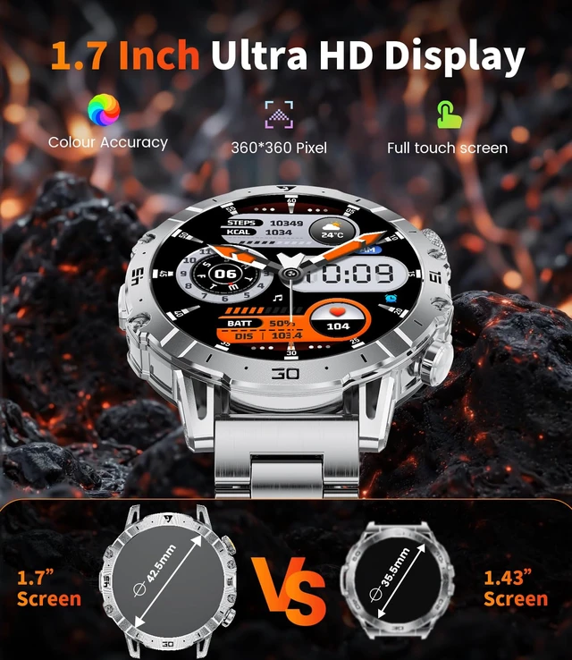 Alt view image 4 of 7 - Military Smart Watch for Men,60 Days Ultra Long Battery&LED Flashlight,1.7Large Screen,IP68 Waterproof Smartwatch, Bluetooth Call,Heart Rate/Sleep Monitor,Fitness Tracker for iOS Android,Sliver