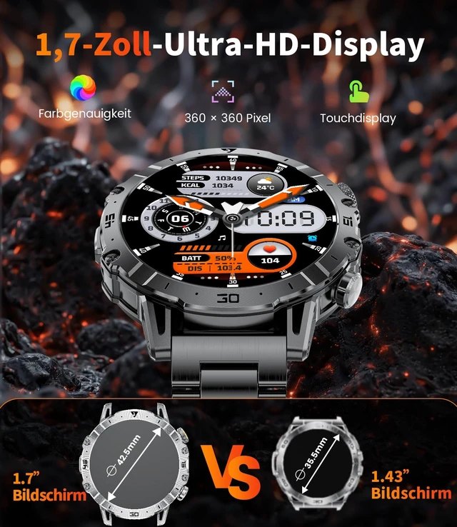 Alt view image 4 of 7 - Military Smart Watch for Men,60 Days Ultra Long Battery&LED Flashlight,1.7Large Screen,IP68 Waterproof Smartwatch, Bluetooth Call,Heart Rate/Sleep Monitor,Fitness Tracker for iOS Android, Black