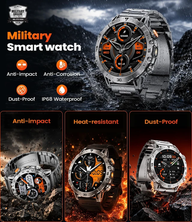 Alt view image 6 of 7 - Military Smart Watch for Men,60 Days Ultra Long Battery&LED Flashlight,1.7Large Screen,IP68 Waterproof Smartwatch, Bluetooth Call,Heart Rate/Sleep Monitor,Fitness Tracker for iOS Android, Black